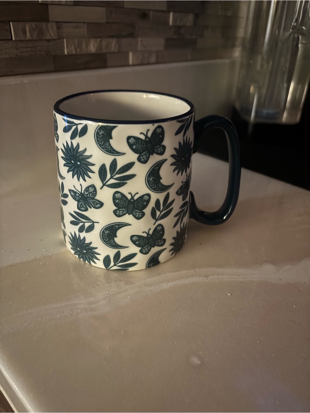 Ceramic Butterfly & Moon Pattern Mug in Teal Accent